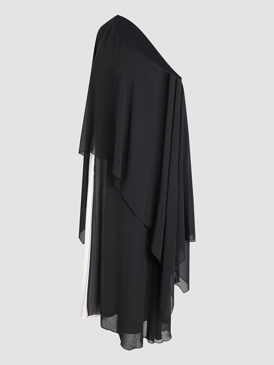 Black and white paneling elegant chiffon pleated dress