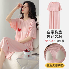 Xia Ke wears anti-burst nightdress with chest pad women's new simple casual modal home service solid color cotton pajamas
