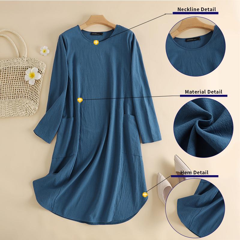 ZANZEA Women Elegant Dresses Solid O-Neck Long Sleeve Vintage Knee Length Dress Fashion Holiday Casual Loose Ladies Vestido Plus Size