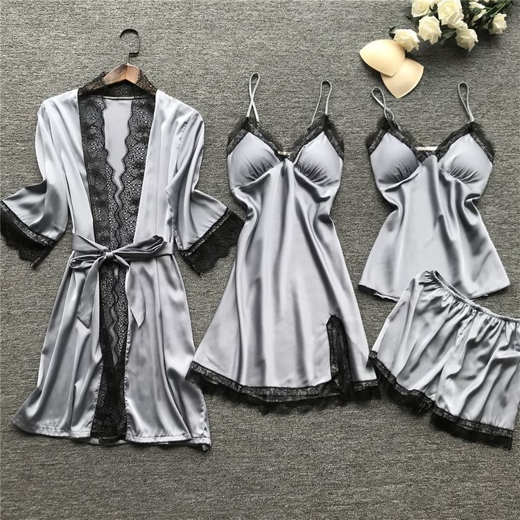 Pajamas women's sexy pajamas four-piece underwear Korean version sling pajamas women's home clothes with chest pad nightgown