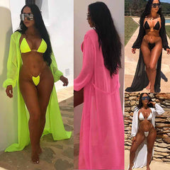 New European and American solid color women's two-piece bikini + long-sleeved sunscreen blouse three-piece swimsuit suit