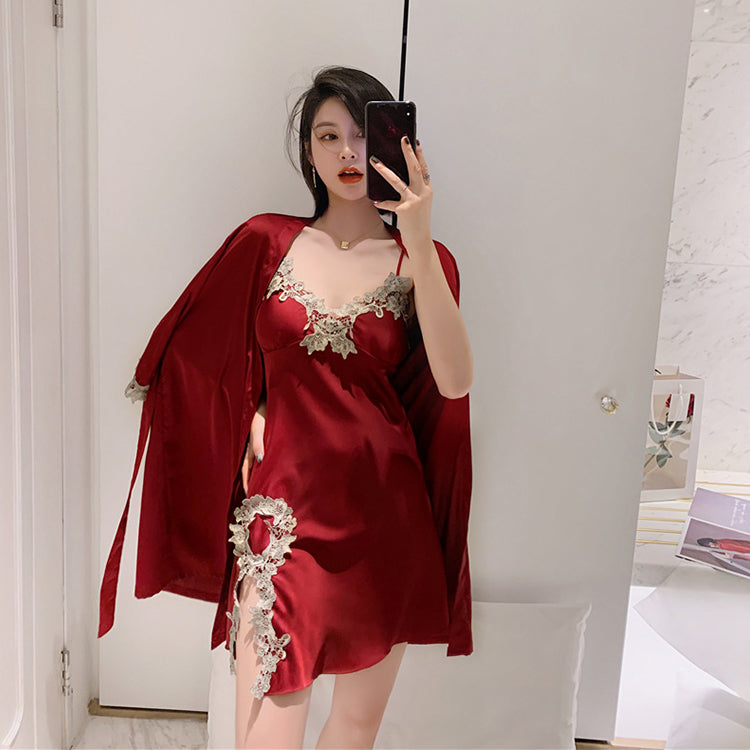 2PCS Pajamas Set Womens Long Sleeve Nighty Robe V-Neck Sleep Wear Pijama Home Nightie Sexy Bathrobe Gown Suit vest with Chest Pad Silk Slip Nightdress