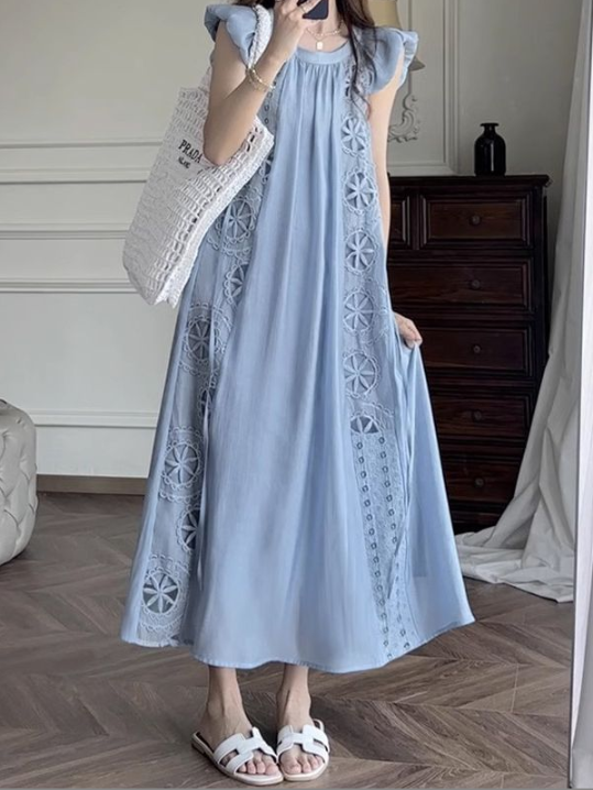 Summer New Ladies Tencel  Small Flying Sleeves French Waist Dopamine Blue Designer Dress