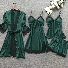 Large size four-piece set with chest pad sexy suspenders home lace pajamas
