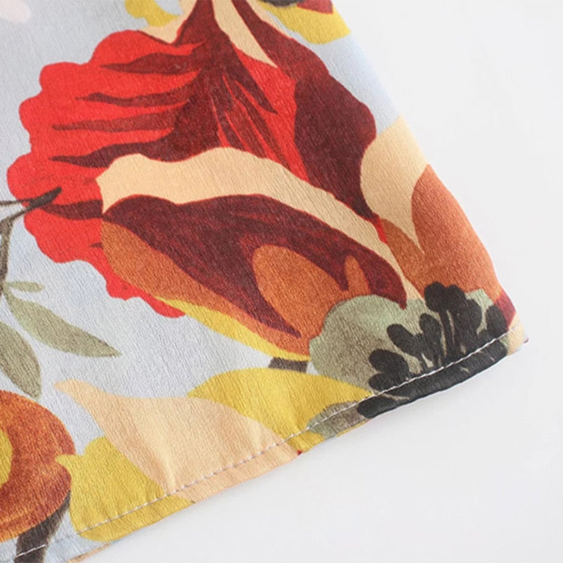 فساتين متوسطة الطول بطبعة زهور على طراز بوهو وياقة مقلوبة وأكمام طويلة فساتين نسائية غير رسمية فضفاضة على شكل حرف A فساتين فيستيدوس 