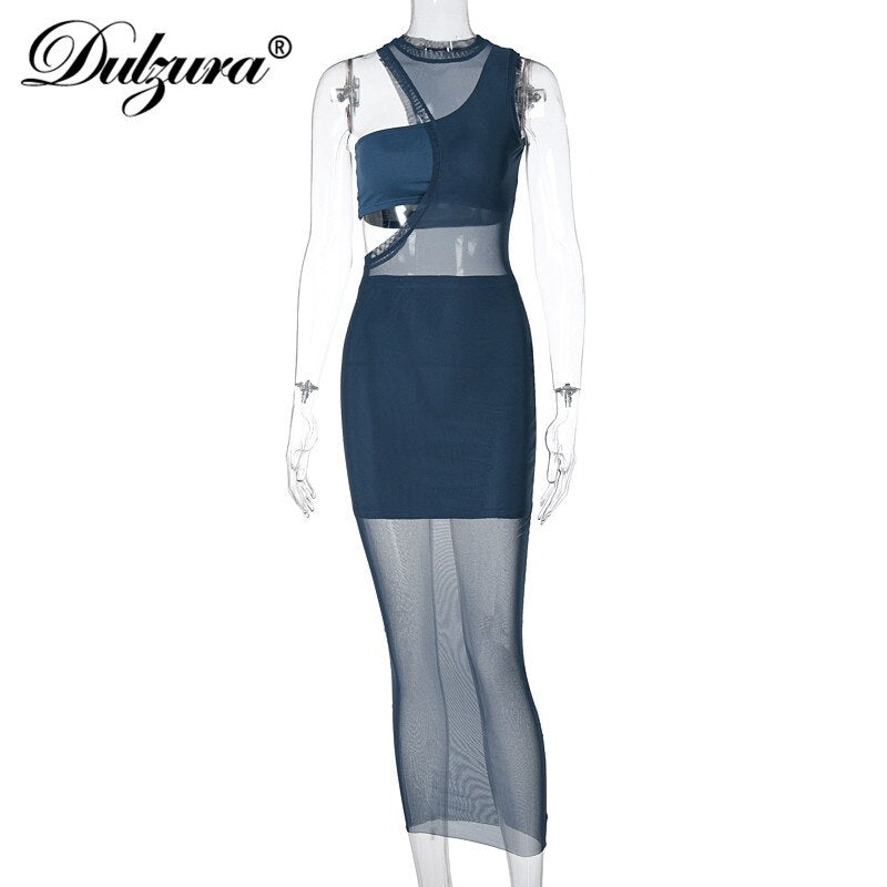 Dulzura Women 3 Piece Set Sleeveless Mesh Midi Dress One Shoulder Tank Mini Skirt Bodycon Sexy Streetwear Club Party 2021 Summer