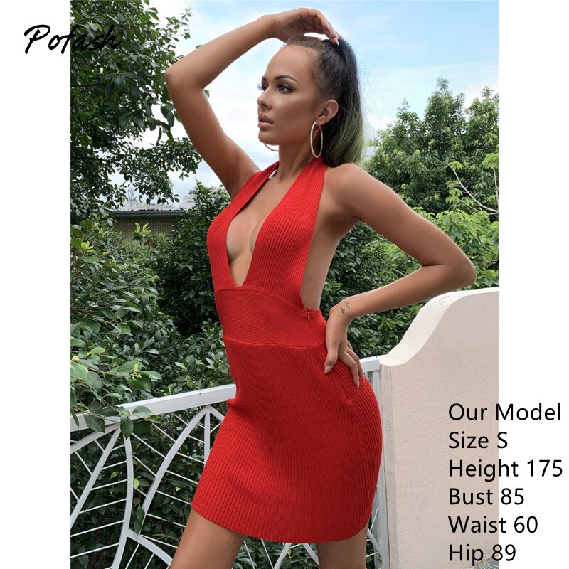 Pofash Red Knitted Sexy Women's Dress Halter  Deep V Neck Backless Summer Bodycon Dresses Sleeveless Nightclub Party Vestidos