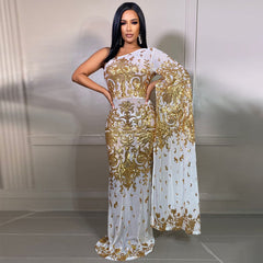 Europe and the United States Amazon's new 21495 embroidered sequin mesh slanted shoulder sexy evening dress women's dress