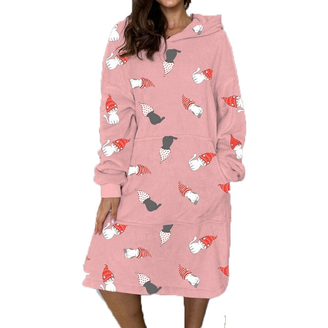 بيجامة عيد الميلاد للسيدات اللطيفة ملابس نوم مطبوعة بجيب كبير ثوب نوم قطيفة كسول ملابس منزلية بيجاما بقلنسوة 2022