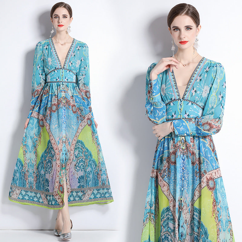 2184  shot 2023 early spring vacation style temperament design collar print long sleeve waist waist dress