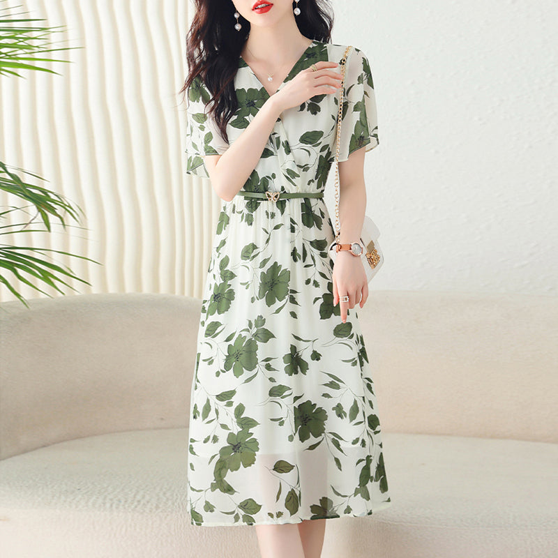Sui La V-neck age-reducing chiffon floral  waist dress women's summer temperament  and meat-covering long skirt