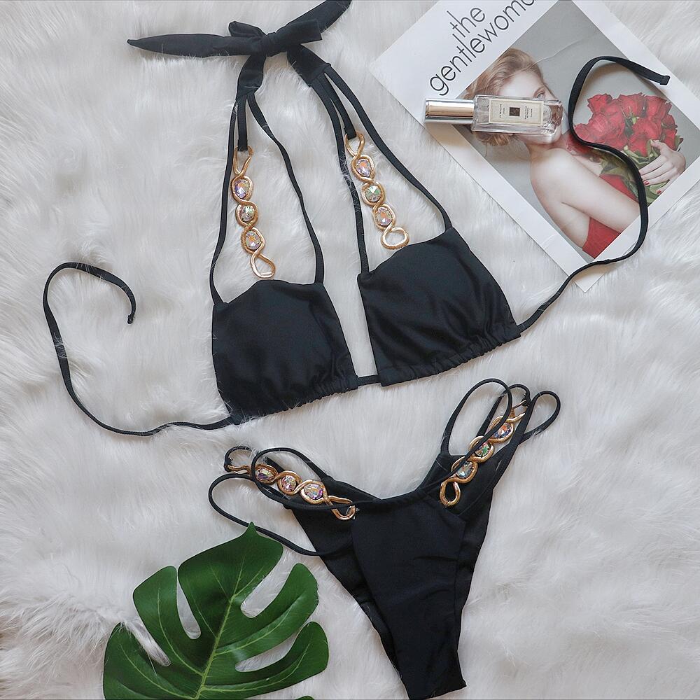 New Sexy Removable Chest Pad Bikini Crystal Diamond Swimsuit Bandage Hollow High Waist Split Swimsuit
