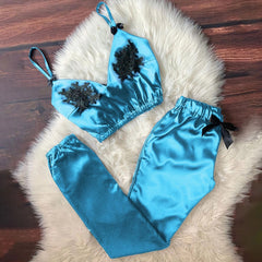 Lace Flower Pajamas Sets Women V-Neck Eyelash Lace Sexy Stain Camisole Pajamas Bowknot Pants Set Femme Sleepwear