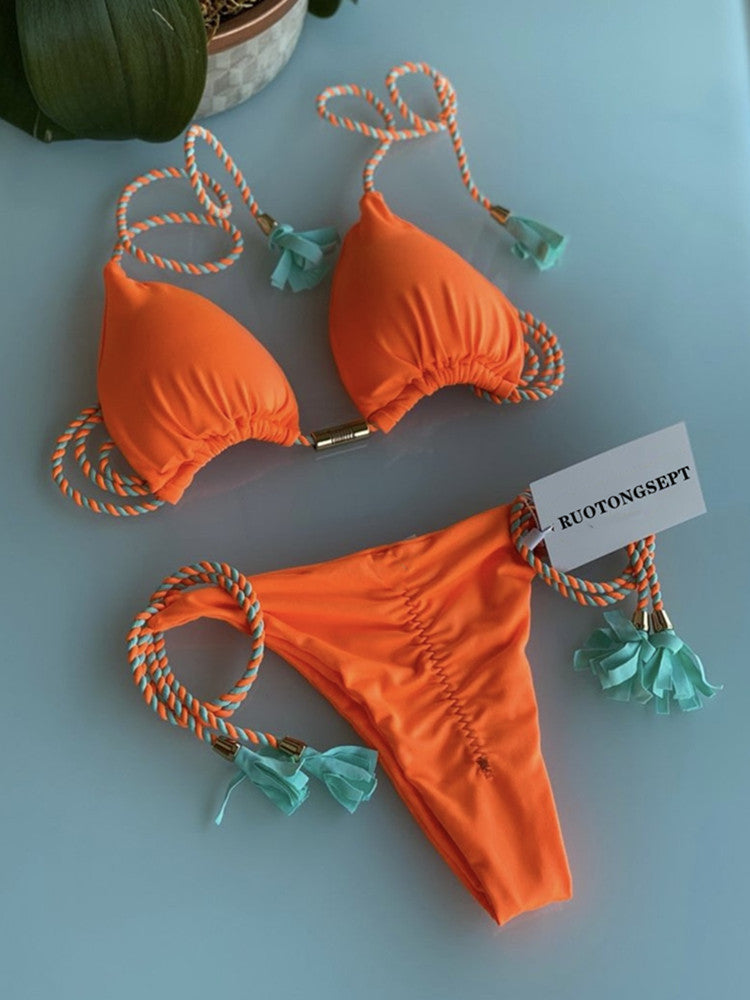New backless braided rope bikini triangle swimsuit European and American multicolor swimwear