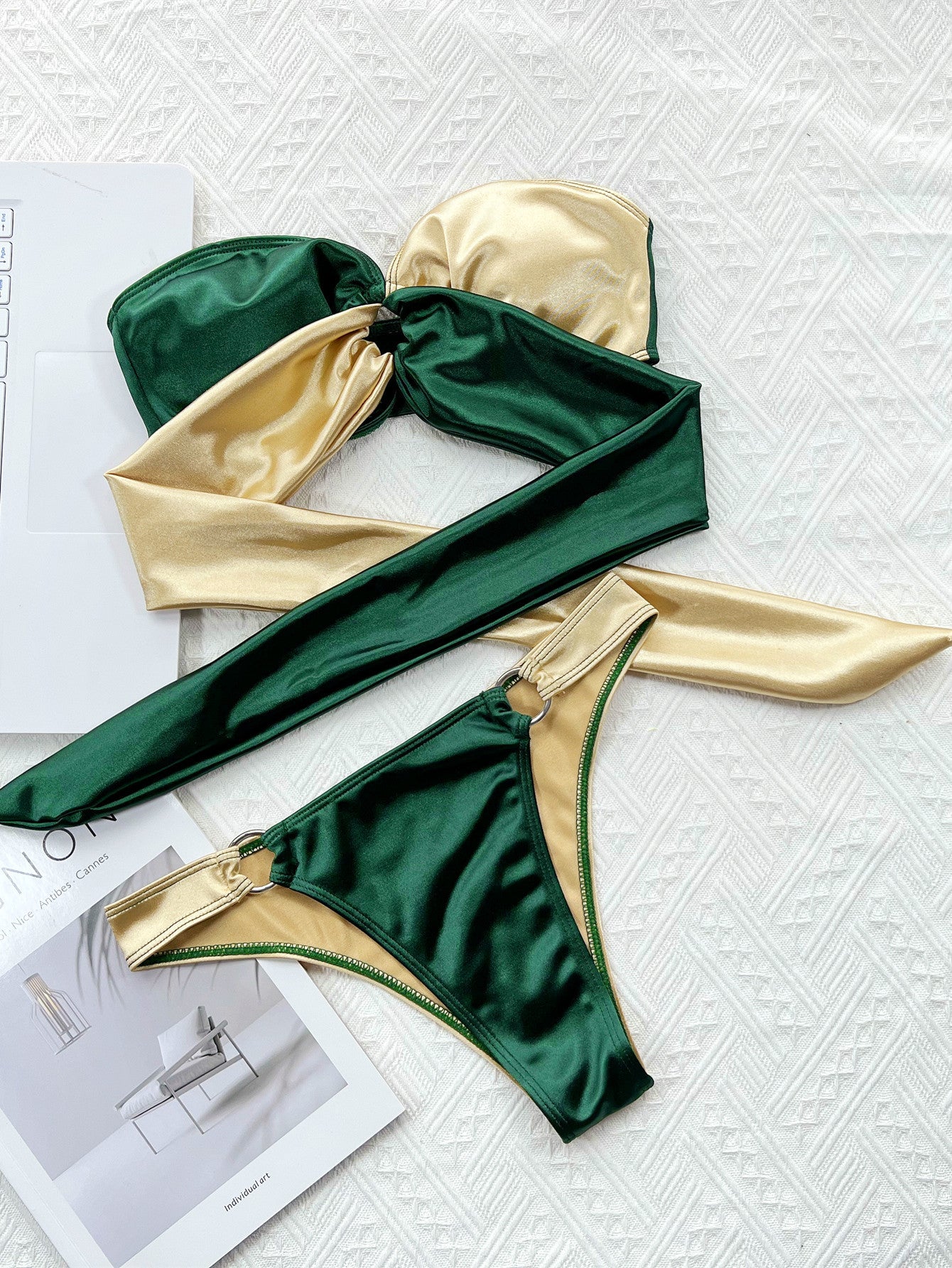 European and American new spring and summer ins hot style sexy bikini new bow strapless navel tube top briefs small fragrant sweet sweet split swimsui