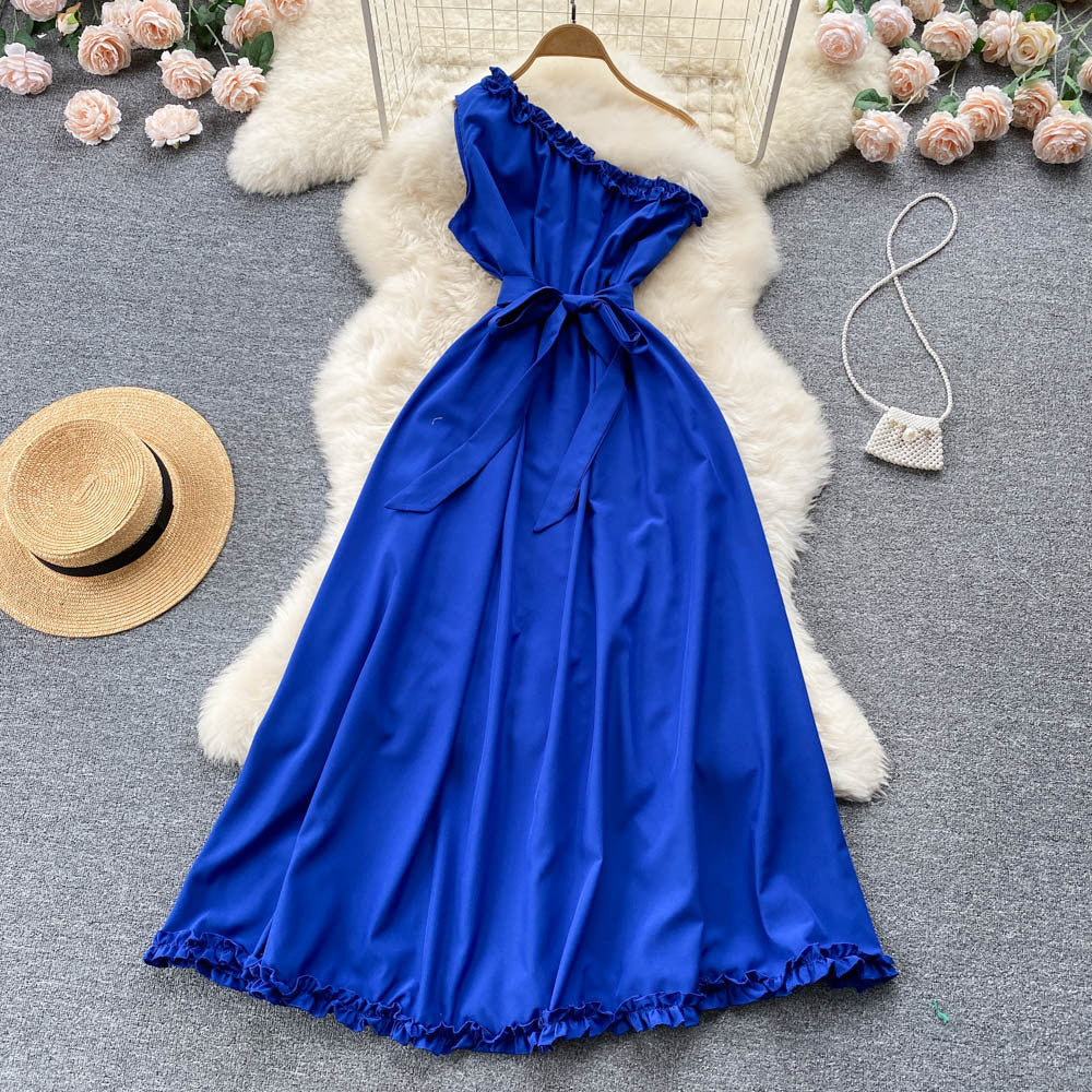 Light mature off shoulder sleeveless dress lace up waist slim long dress banquet dress