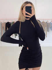 Long Sleeve Pleated Bodycon Dress Women's High Neck Tie Mini Dress Fall Black Skinny Stretch Party Tank Top