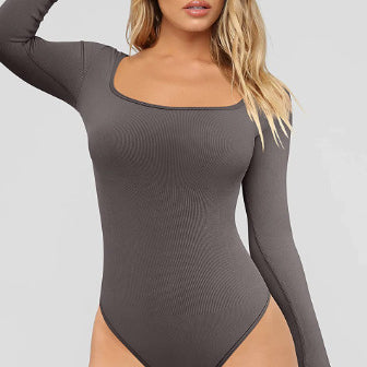 2023 New Women Autumn Long Sleeve Bodysuit Shapewear Seamless Body Sculpting Shaper Tummy Control Slimming Square Neck Tops