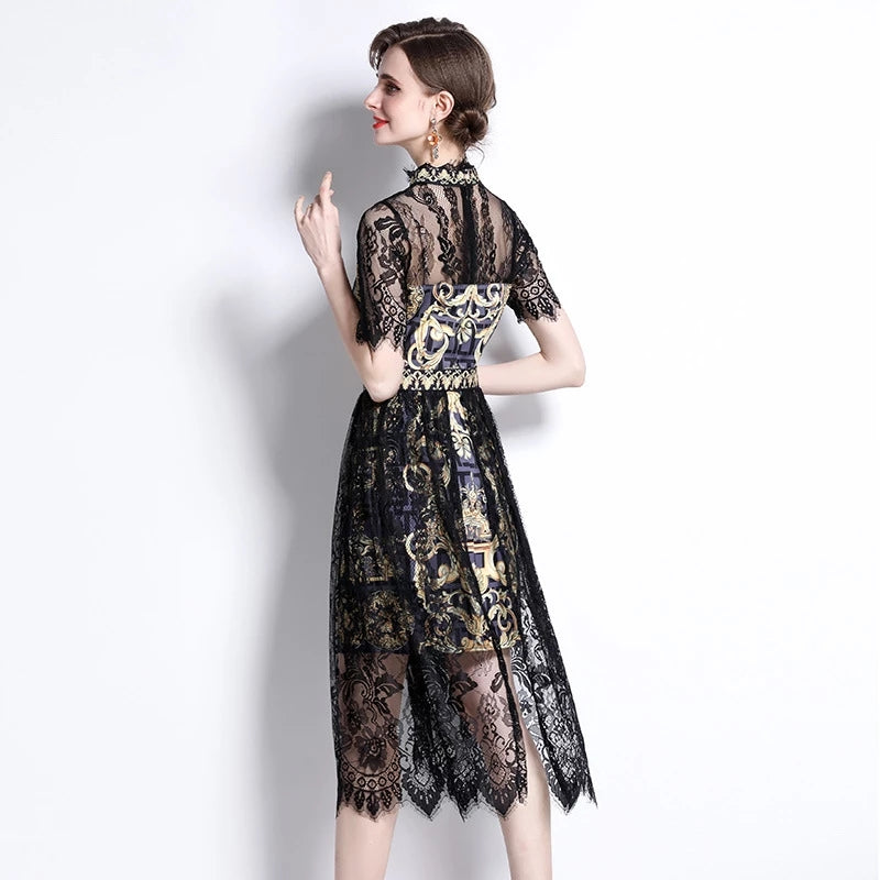 Women's Spring Summer Dress Stitching Print Short Sleeve Turtleneck Bodycon Dress