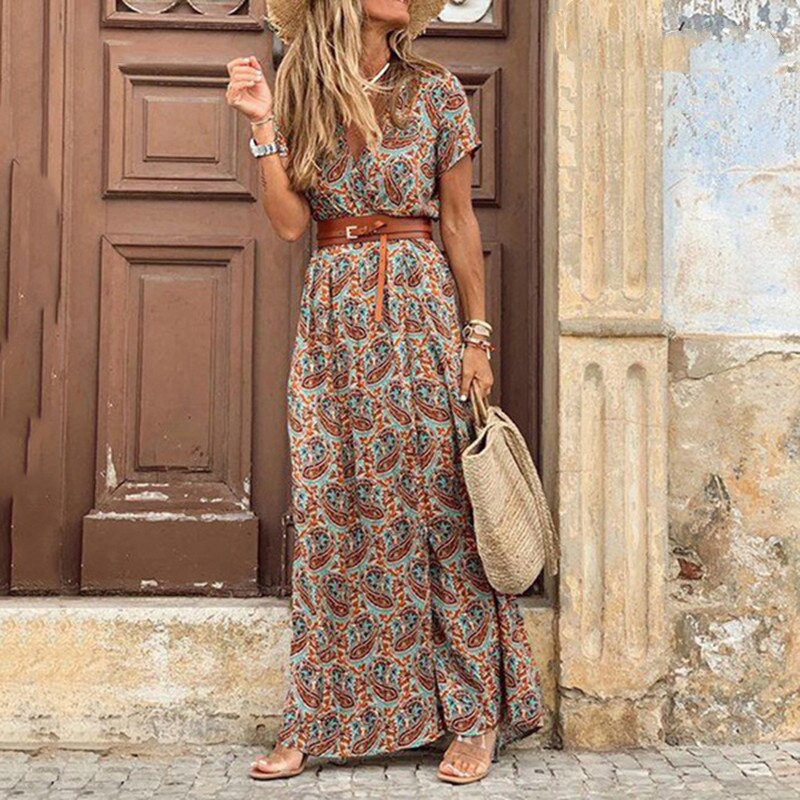 2022 Summer Boho Women's Long Dress V Neck Short Sleeve Floral Printed Beach Dresses Female Elegant Vintage Dress with Belt