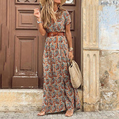 2022 Summer Boho Women's Long Dress V Neck Short Sleeve Floral Printed Beach Dresses Female Elegant Vintage Dress with Belt