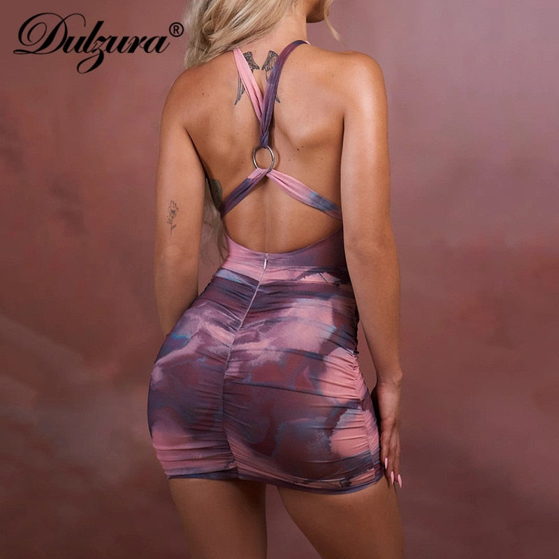 Dulzura Tie Dye Print Women Mini Dress Ruched Patchwork Hollow Out Cross Bodycon Backless Sexy Streetwear Party Club 2021 Summer