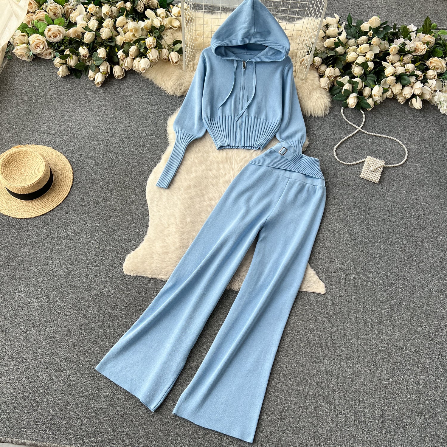 Autumn and winter European and American style minimalist solid color  hooded top +  waisted  trousers casual two-piece set