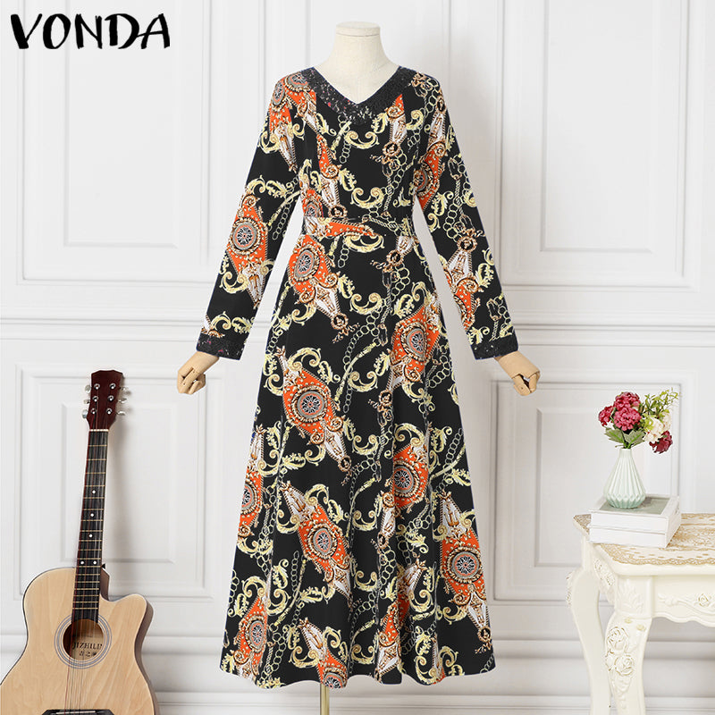 VONDA Women Boho Vintage Random Pattern Printed Maxi Long Dresses Sping Autumn Casual Loose V Neck Long Sleeve Lace-up A-line Vestidos Plus Size