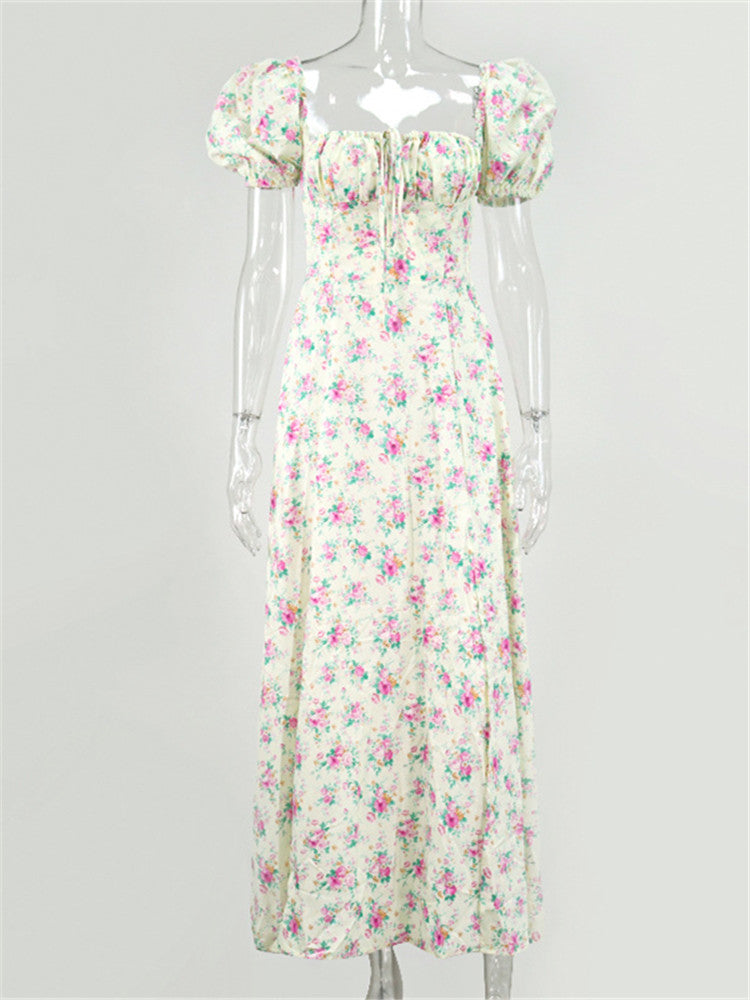 NCLAGEN 2022 بوهو الساحرة الأزهار طباعة فستان عطلة نفخة الأكمام شق Vestidos المرأة الصيف نادي الحفلات خمر فستان طويل رداء