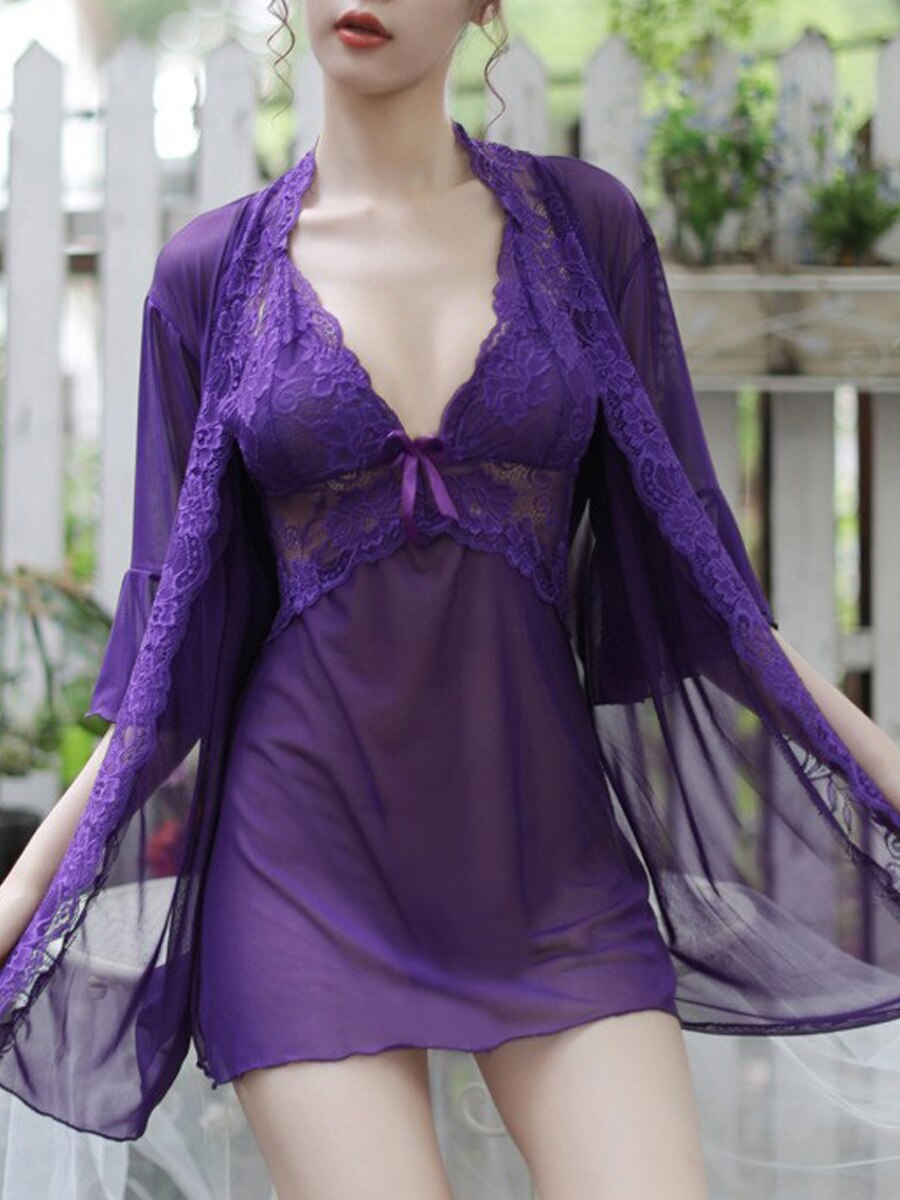 Mature Ladies Nightdress Lace Deep V Halter Underwear Short Skirt + Jacket