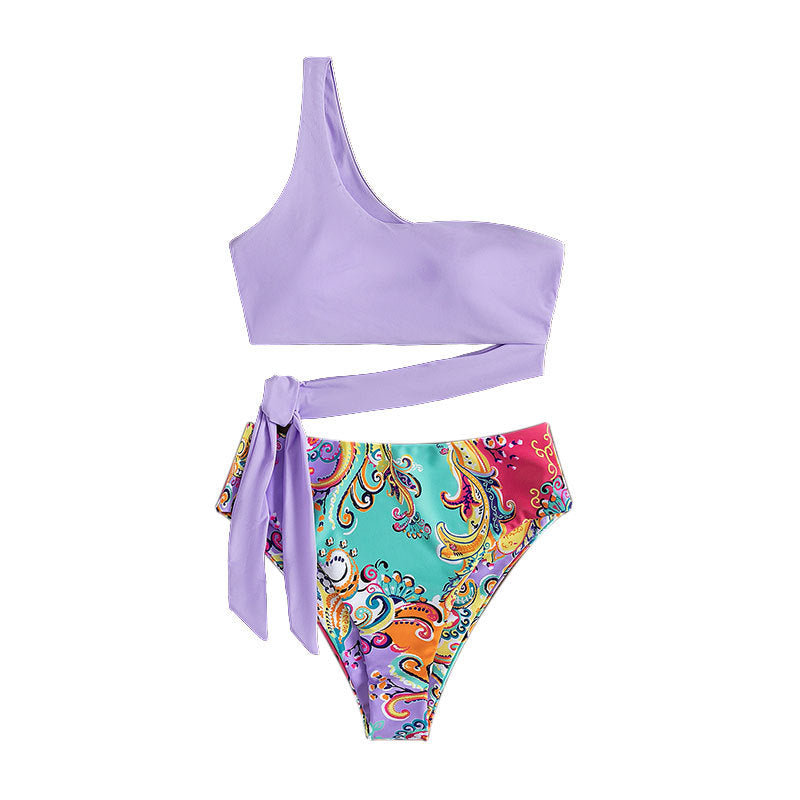 New Brazil Printed One Shoulder Tube Top Bikini Suit  High Waist Thong Swimsuit Women's