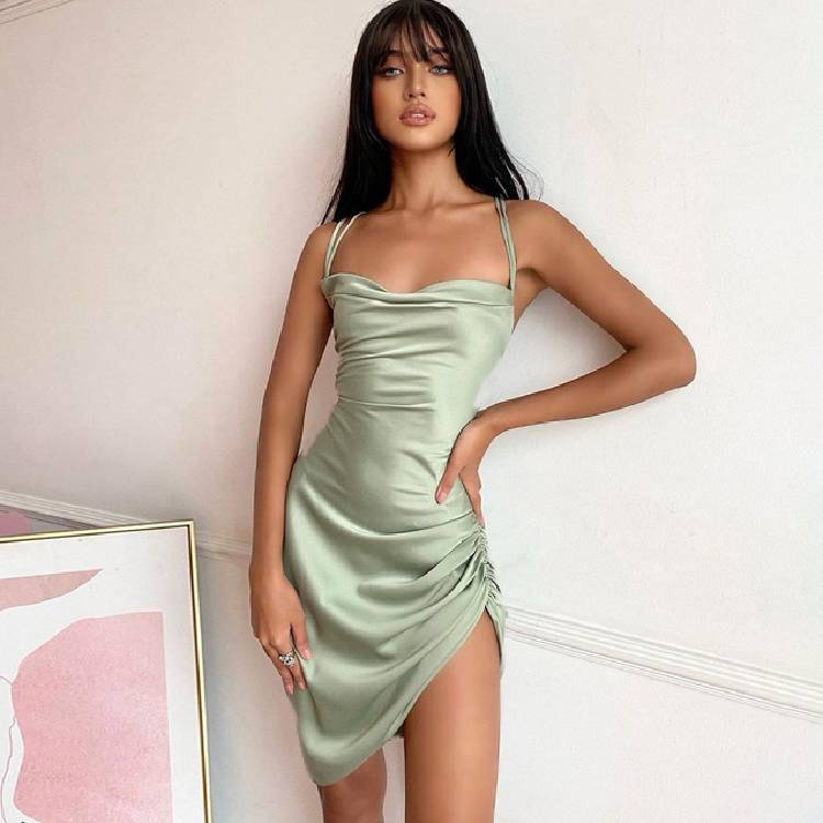 Women Satin Dress Ruched Cross Bandage Backless Bodycon Party Spaghetti Dress Hollow Out Bodycon Dress