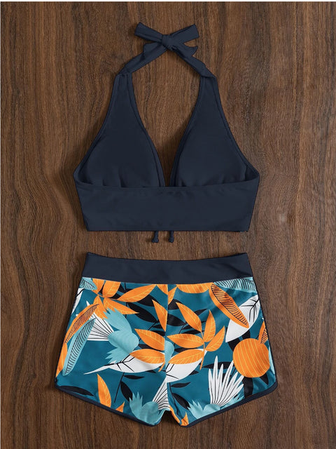 Swimsuit Women's Split High Waist Stitching Strap Boxer College Sports Wind Surfing Bikini