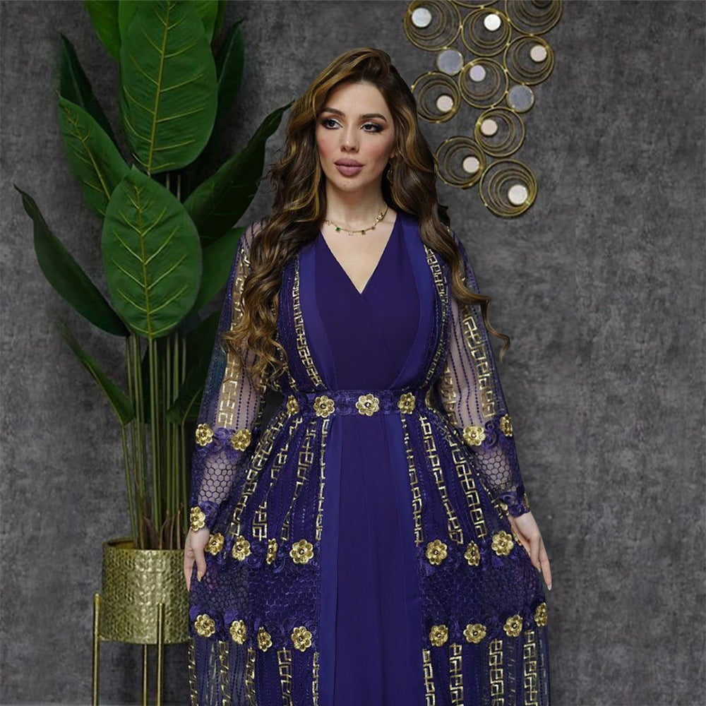 New Summer Middle East Embroidered Mesh Coat and Chiffon Sundress Dress Suit Arab Ladies Kaftan Dress Two-piece Set