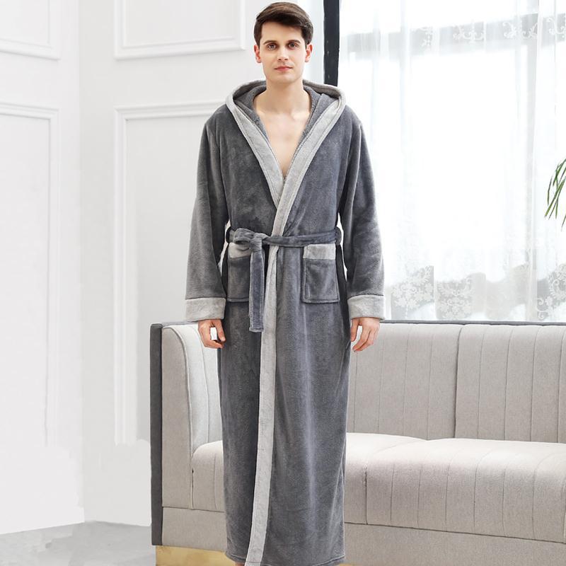 Sexy contrast color hooded bathrobe autumn and winter flannel coral fleece men's nightgown thickened and lengthened couple bathrobes women