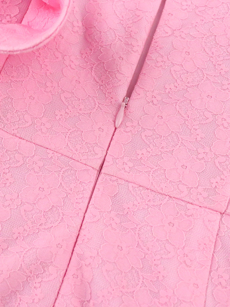 AOMEI Women Pink Lace Dress Ruffle Midi Mermaid Long Sleeve African Ladies Party Birthday Bodycon Large Size Formal Event Gowns