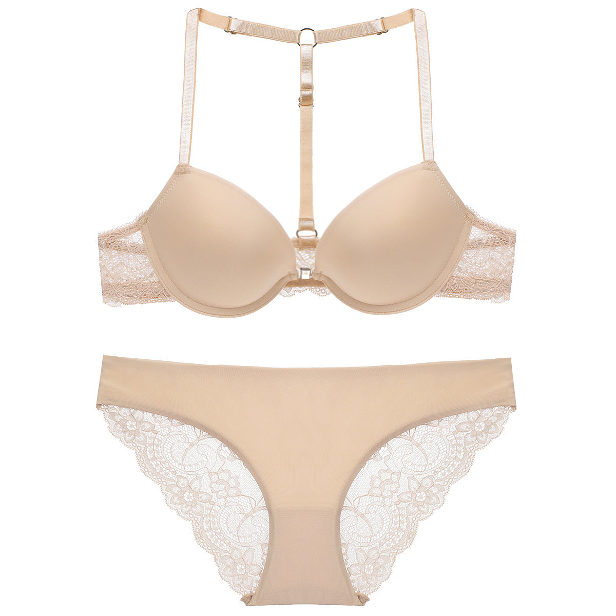 Simple glossy Y-shaped beautiful back  front buckle underwear push-up bra set 32-38AB