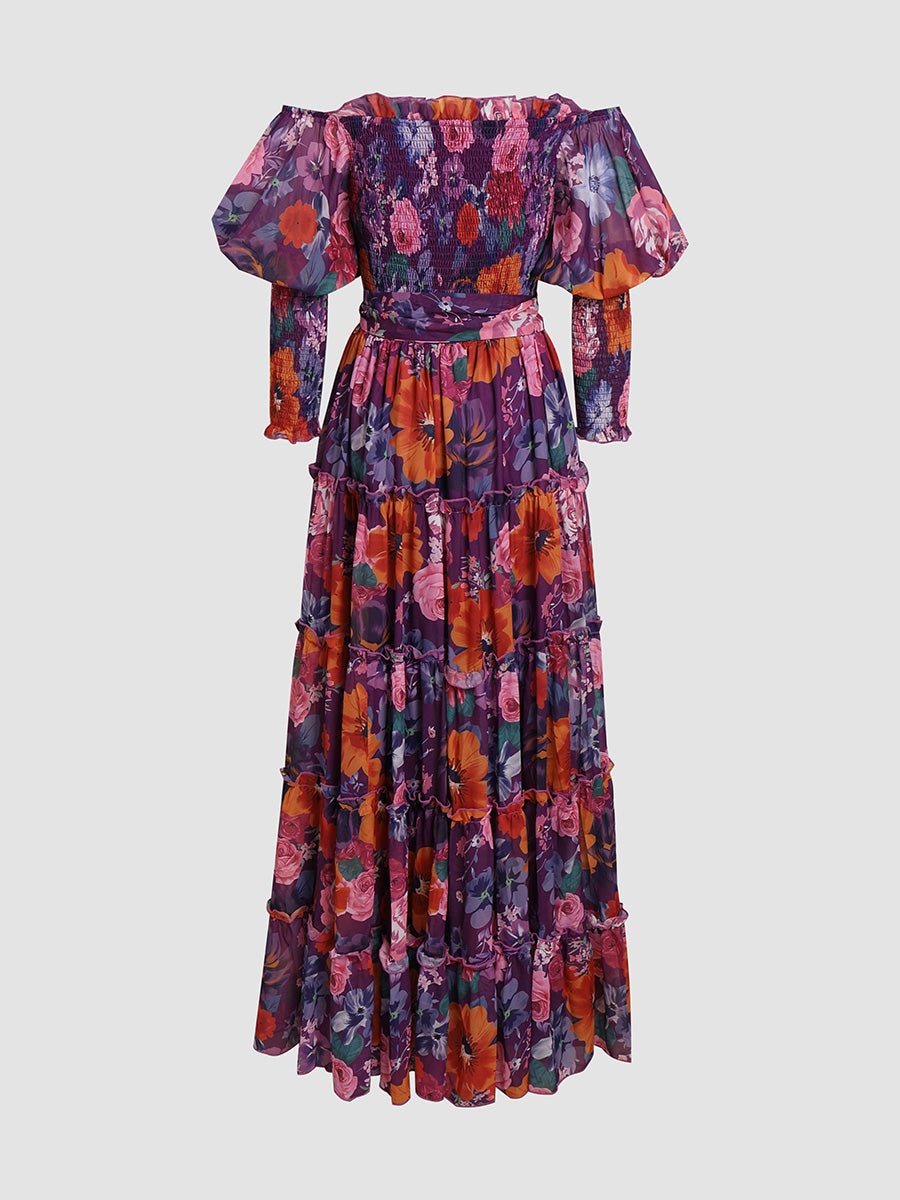 Floral-print one-shoulder chiffon dress