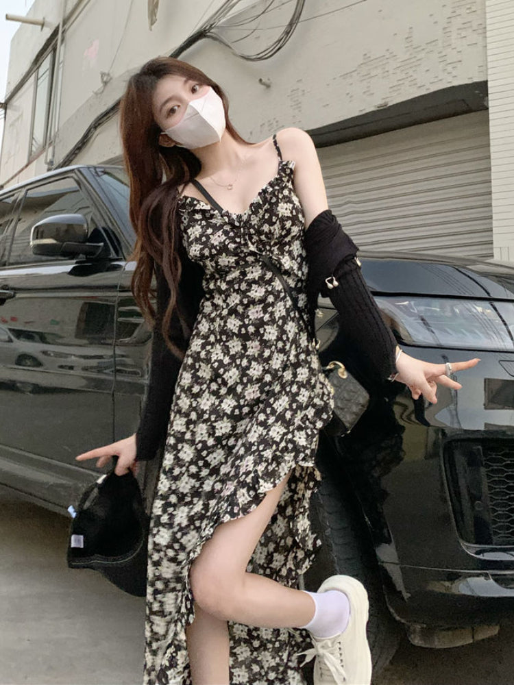 Sleeveless Dress Women Floral Side-slit Sundress Bodycon Retro Irregular Prairie Girlish Sweet Sexy Retro Harajuku Design Cool