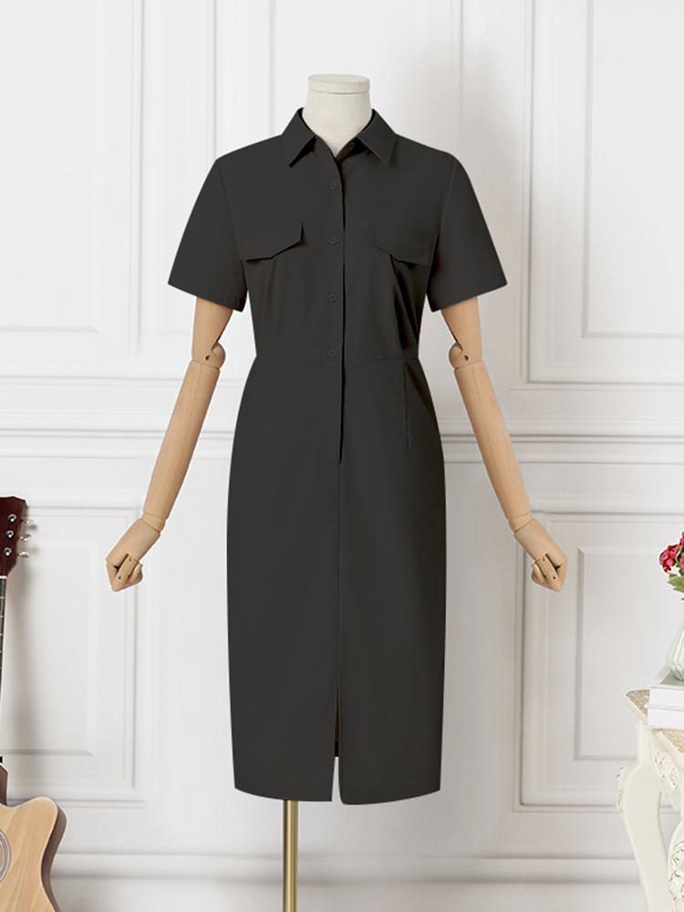 VONDA Elegant Solid Color Summer Sundress Fashion Women Lapel Buttons Casual Midi Dress Short Sleeve Party Vestidos Robe