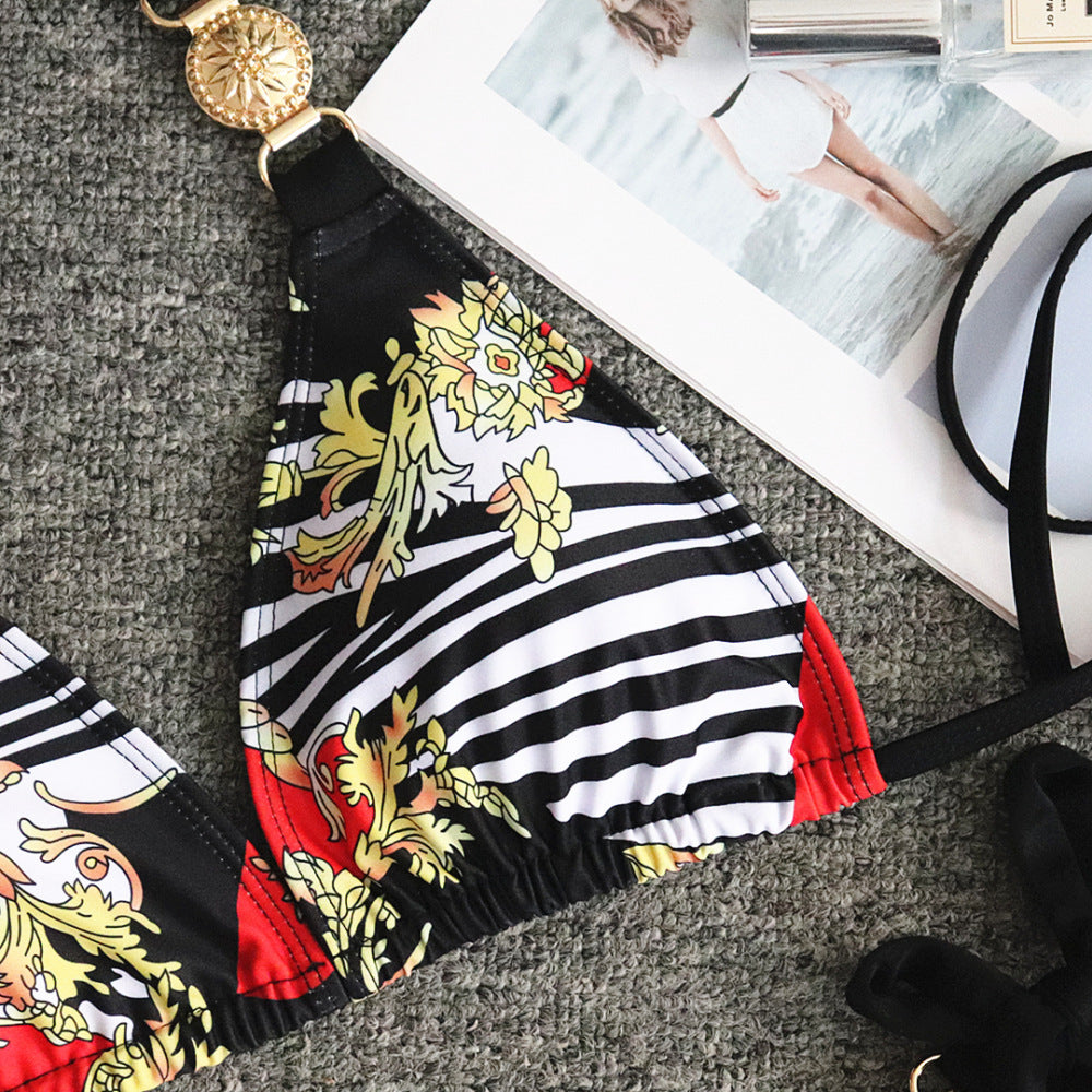 Factory Wholesale 2022 New Print Lace Up Women's Split Swimwear Sexy Metal Accessories Bikini European and American Swimsuits