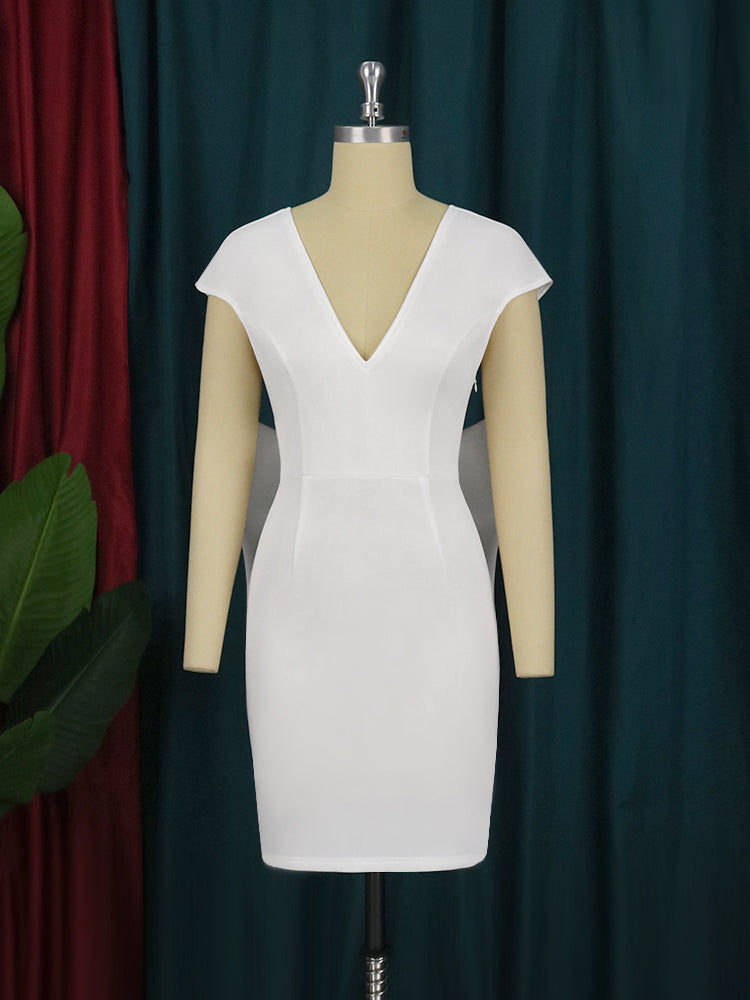 Chic Women White Dress Backless Deep V Neck Knee Legnth Bodycon Dress with Bow At Back Elegant Party Birthday Date Night Outfits