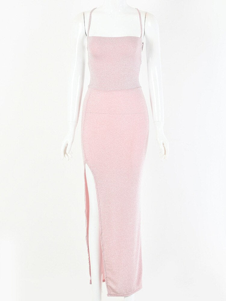 Long Backless Maxi Dress Women Spaghetti Strap High Split Bodycon Bandage Summer Dress Elegant Slim Party Dress Vestidos