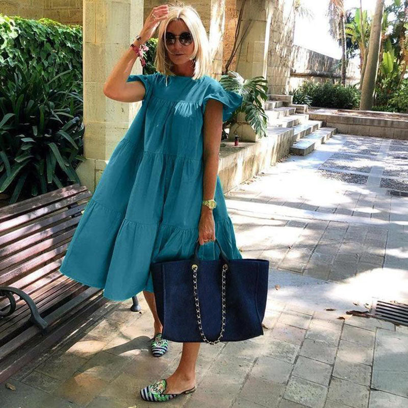2023 New Summer Boho Dress Women Solid Color Short Sleeve Ruffle Midi Dress Women Casual Holly Beach Party Dress