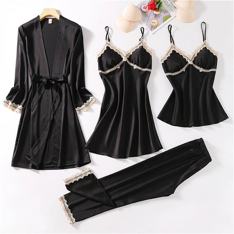 4pc  Silk Robe Sleep Suit Women'S Lace Chiffon Satin Pajamas Gown Set V-Neck Night Wear Pajama Home Nightwear Nightdress