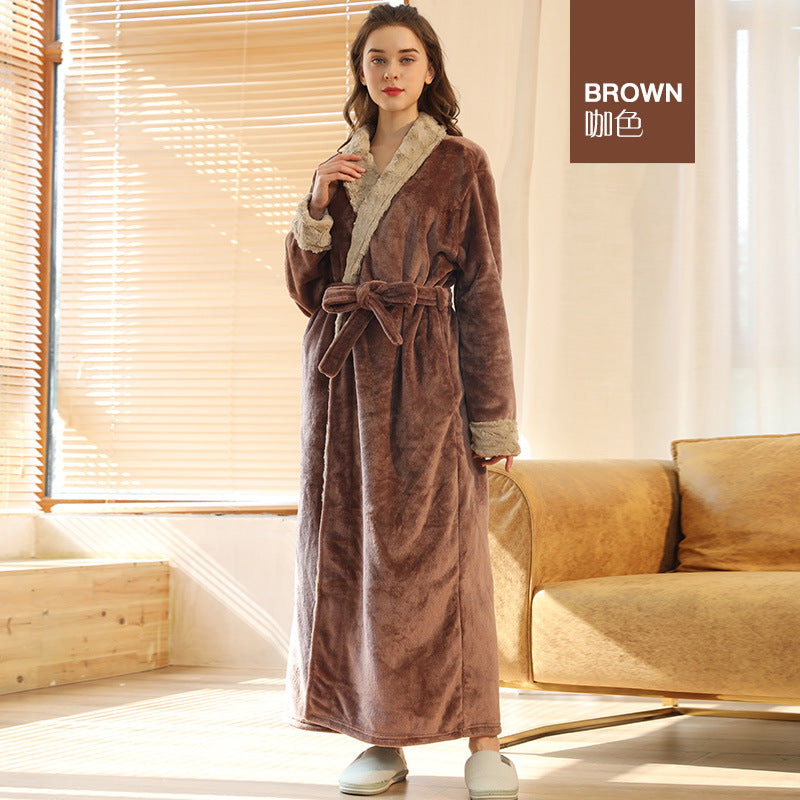 End of the year 2021 European code plus fat flannel nightgown female winter men's coral fleece couple bathrobe autumn and winter thickened long