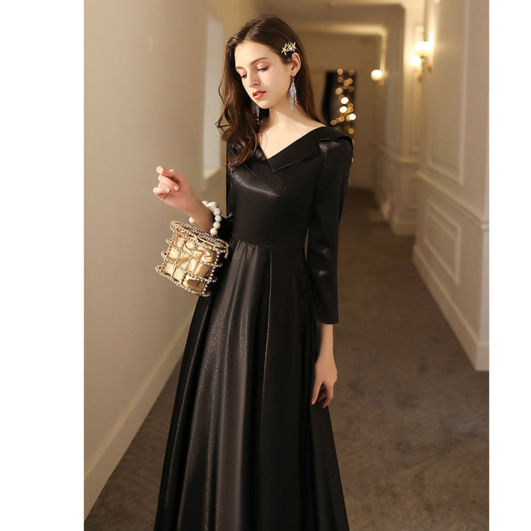 Ladies V-neck Satin Fashion Party Dress Long Banquet Evening Dress Holiday Birthday Dress