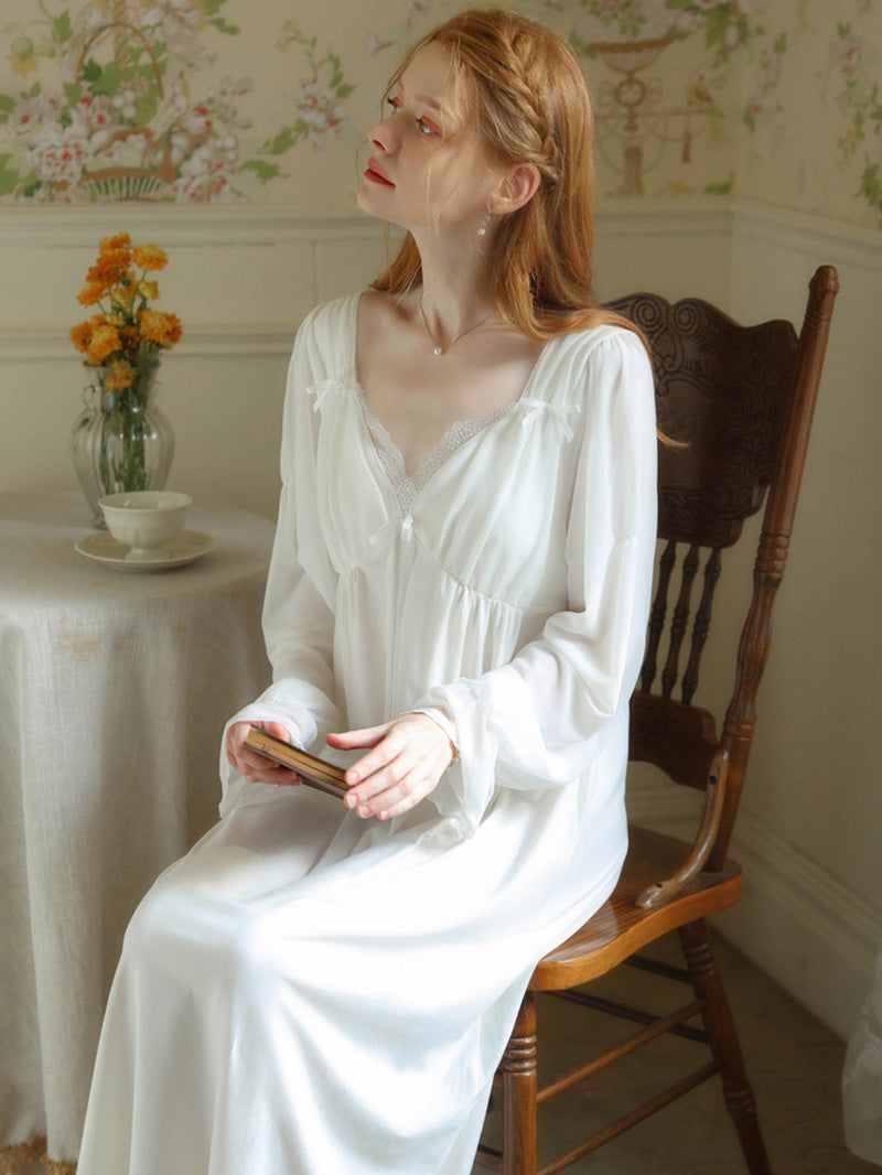 Ladies Spring Pajamas Long Sleeve Cotton Victorian Nightgown Pajamas Ruffle V Neck Vintage Pajamas