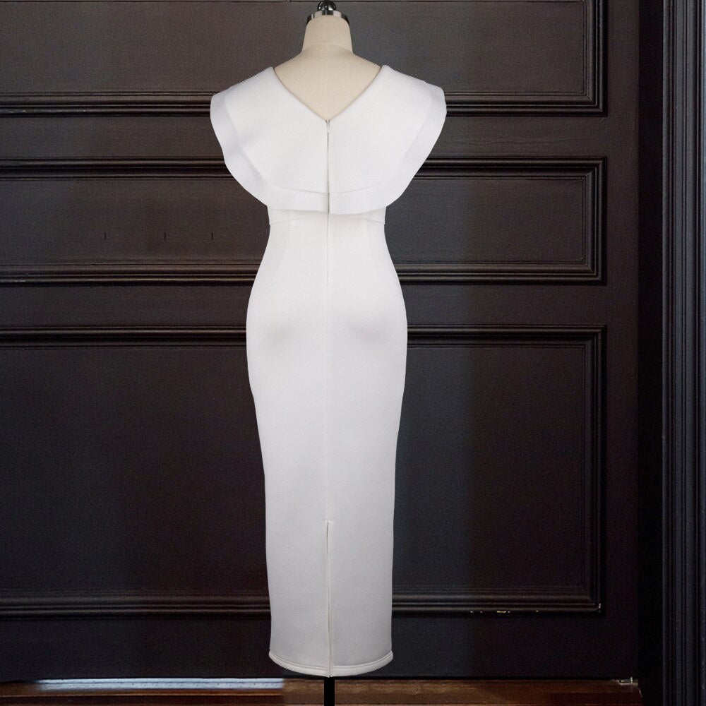 Sexy V Neck Sleeveless Ruffles Package Hip Slim Bodycon Dress Evening Party Dress Women Elegant Orange White Long Maxi Dress