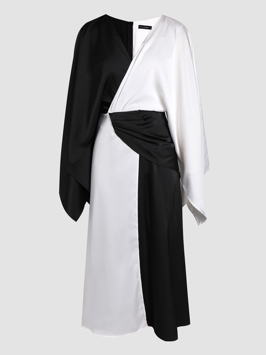 Elegant satin dress with black and white contrast stitching